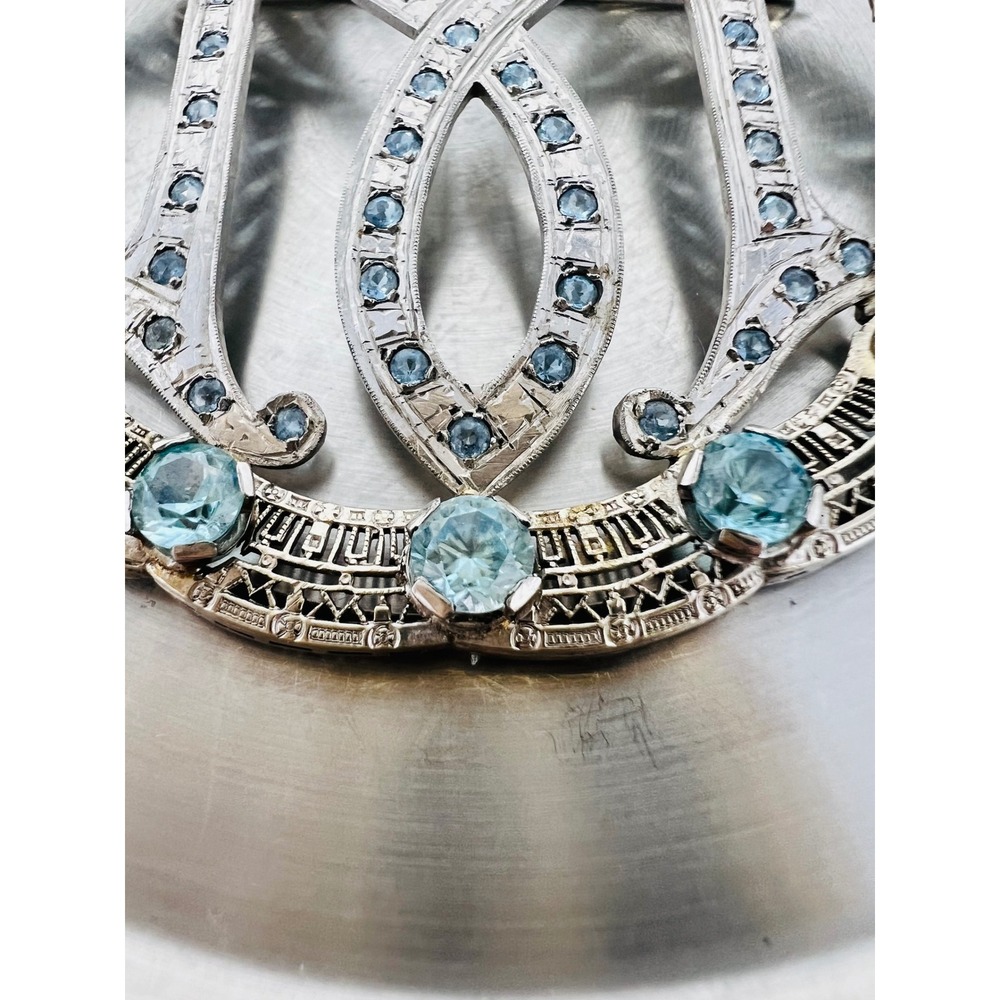 Art Deco 14k White Gold Frame Blue Stone Filigree Design Monogram "M" Brooch - Picture 10 of 13